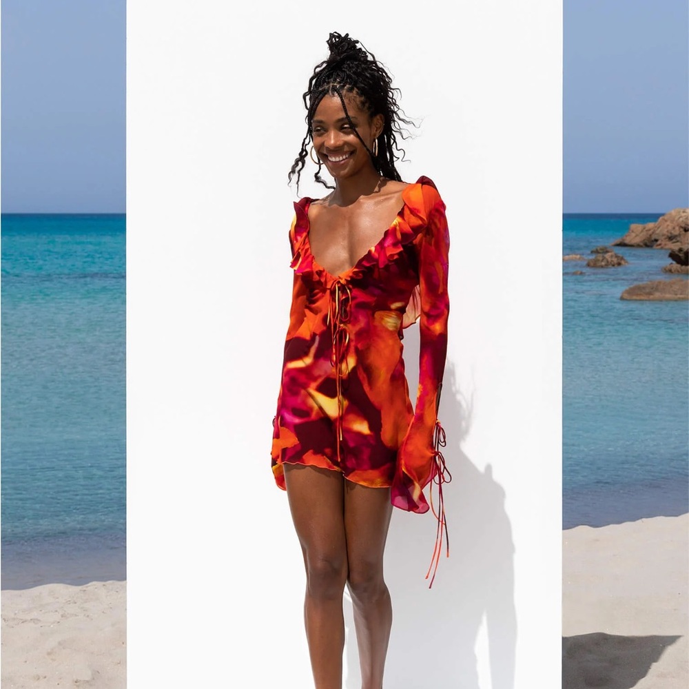 Rat & Boa Dali Fantini Printed Long Sleeve Semi Sheer Mini Dress L